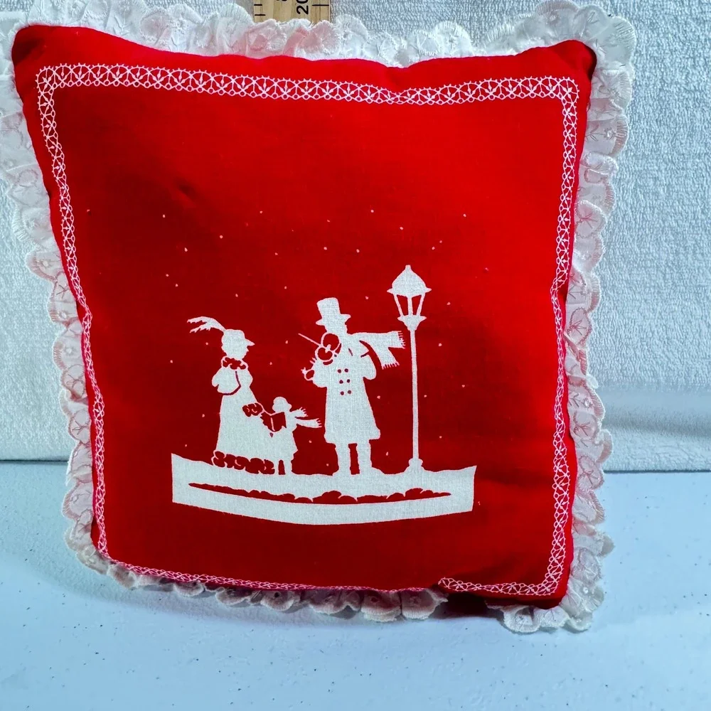 Vintage 80s Christmas Carolers Throw Pillow‎ Red White Victorian Lace Trim 8x8
